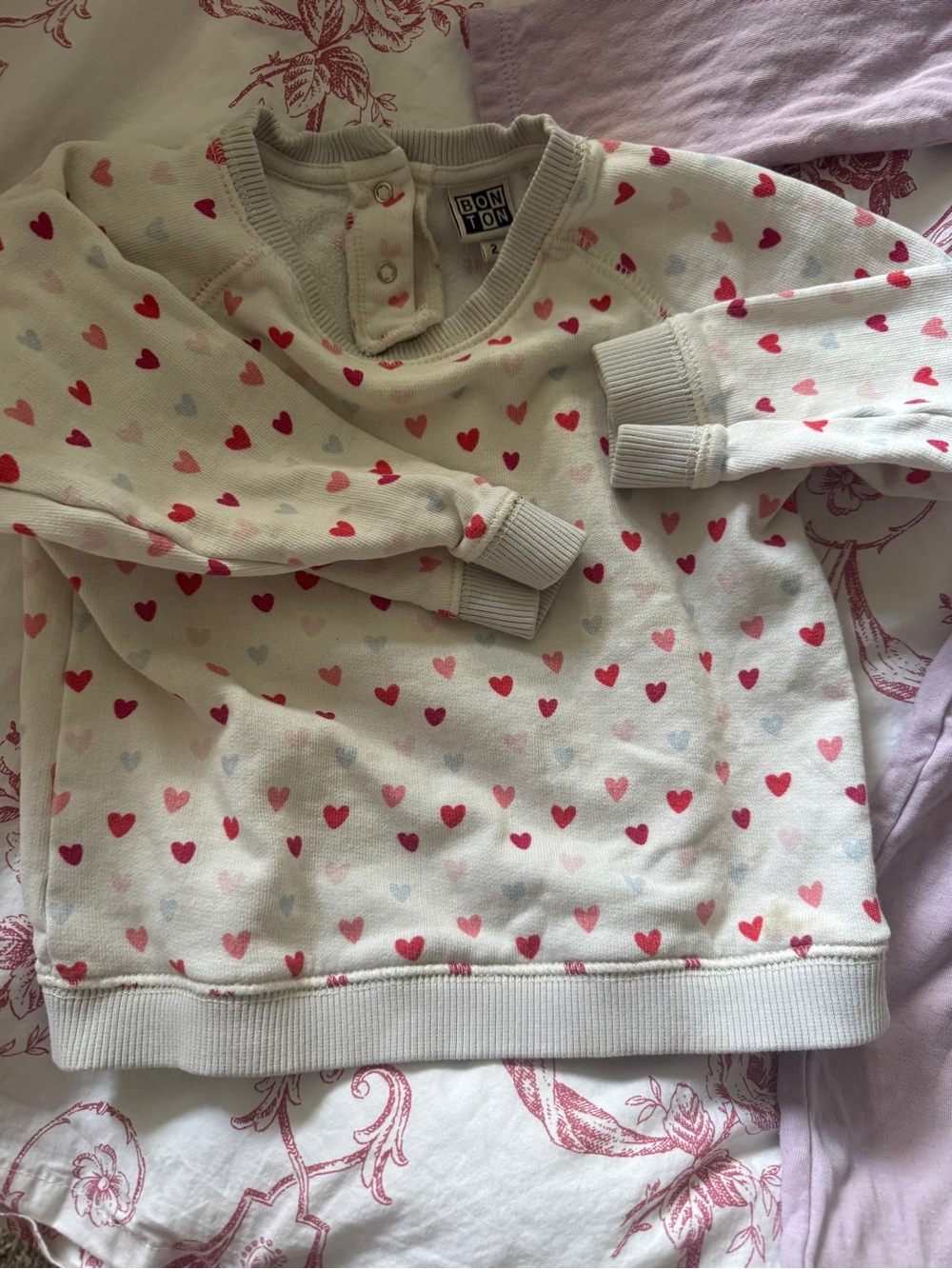 Bonton Cream Sweatshirt with Pink & Red Heart Print